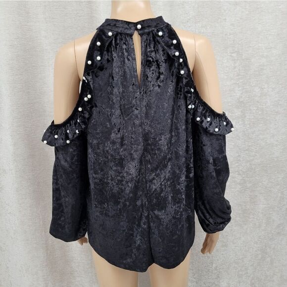 Desfios Black Crushed Velvet Velour Cold Shoulder Long Sleeve Top - Picture 5 of 8